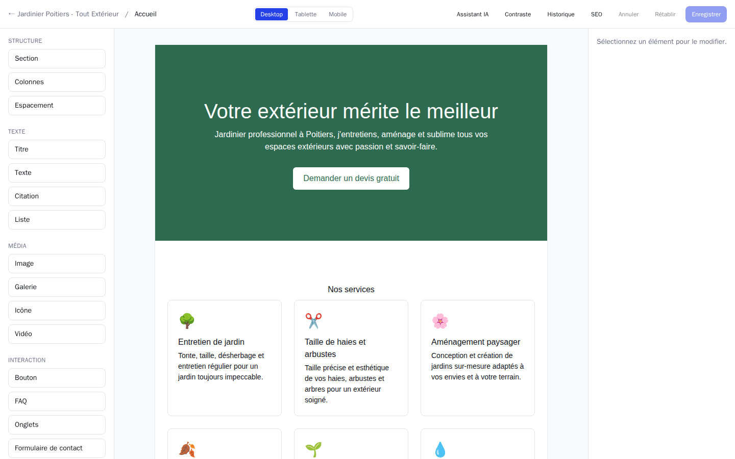Éditeur SiteBuilder ouvert sur un vrai site créé avec l'outil (Jardinier Poitiers)
