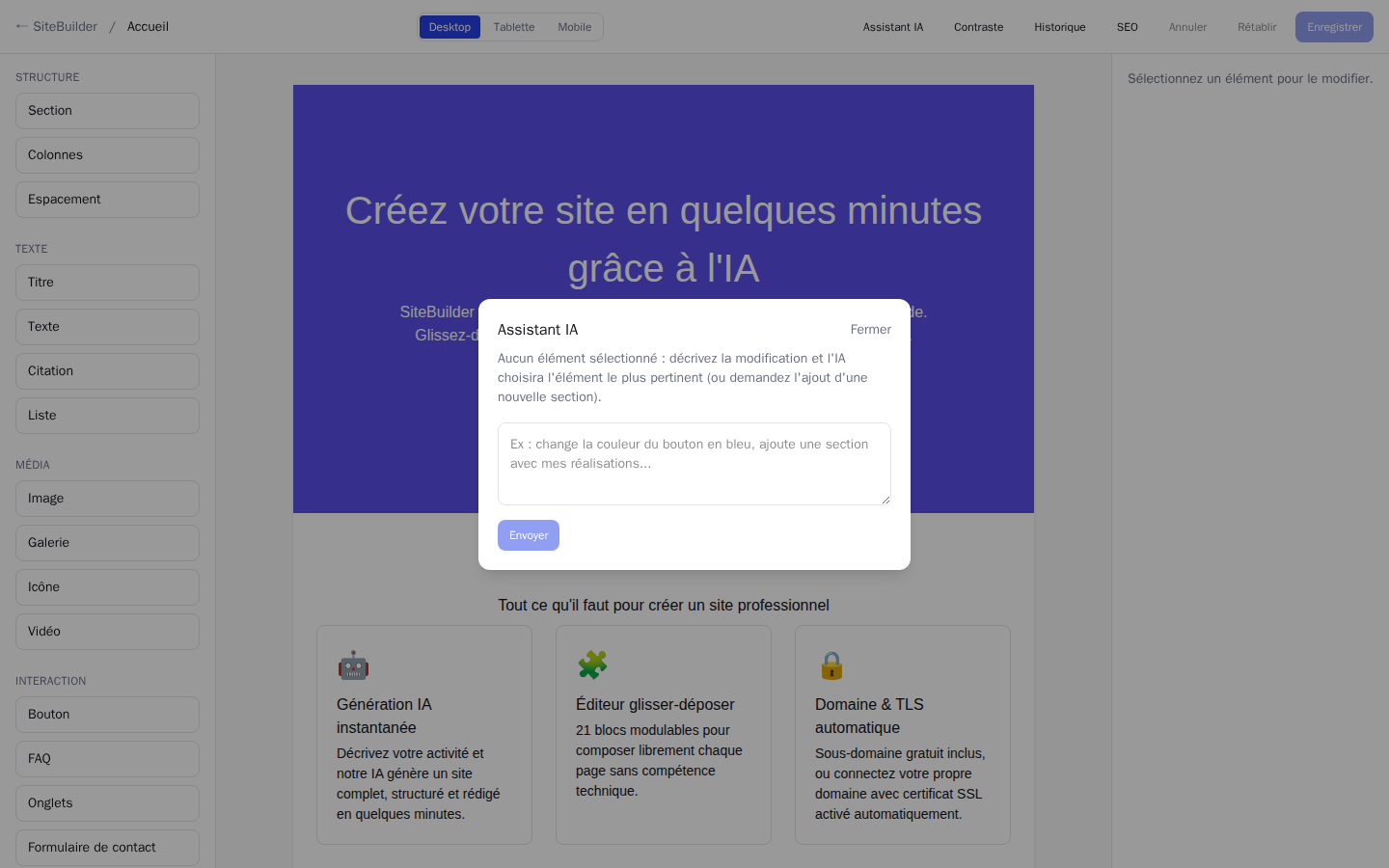 Assistant IA intégré à l'éditeur pour modifier le site en langage naturel