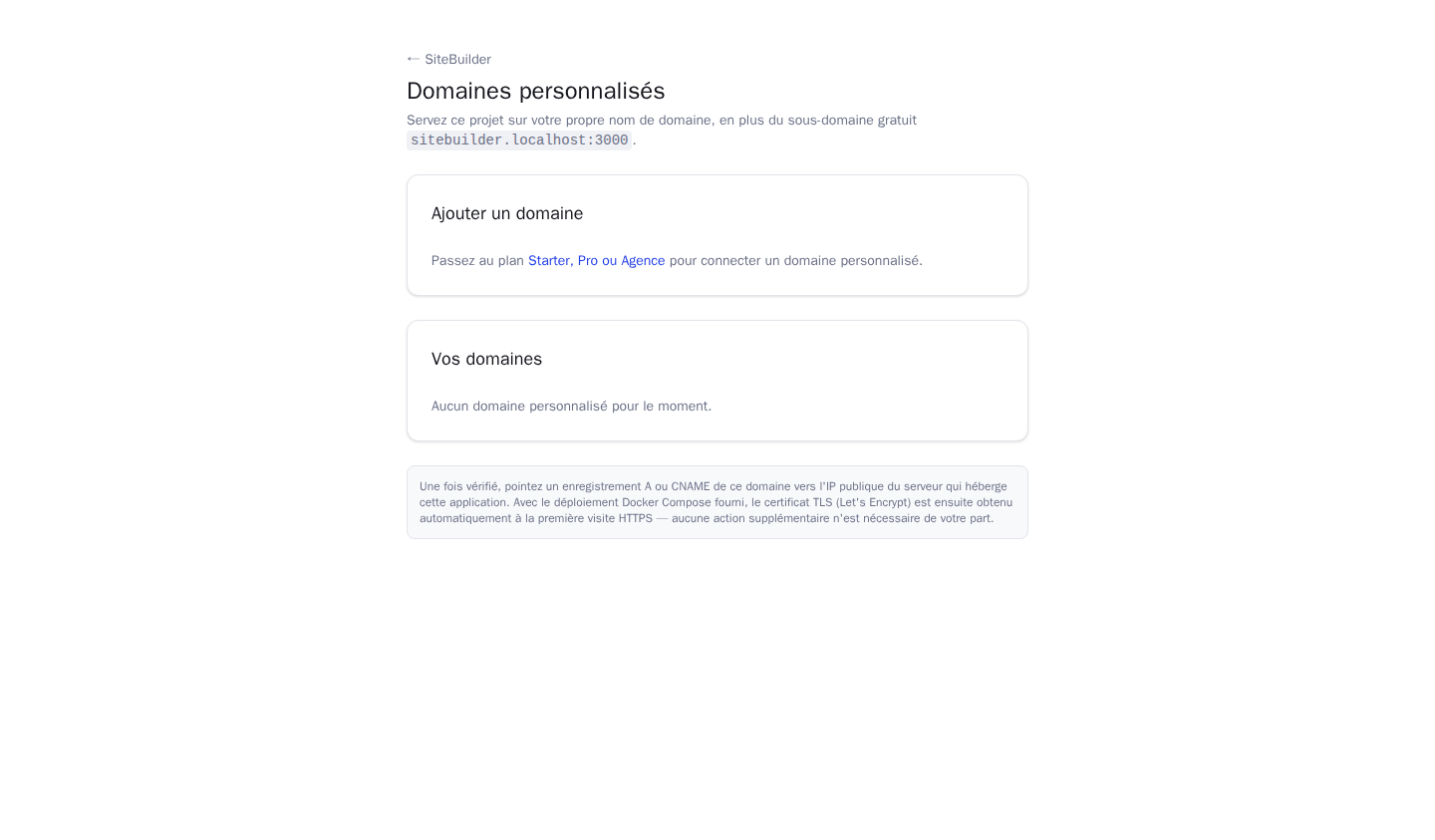 Page de gestion des domaines personnalisés dans SiteBuilder