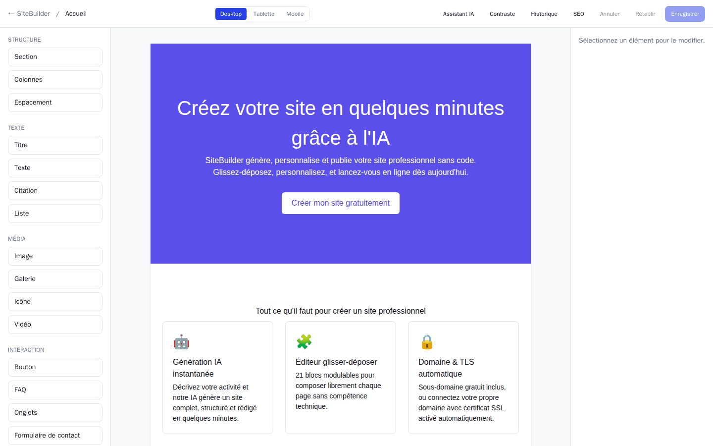Capture d'écran réelle de l'éditeur SiteBuilder en train de modifier cette page