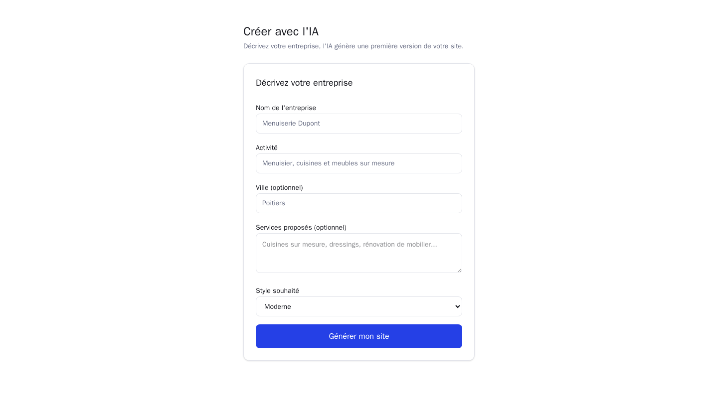 Formulaire de génération de site par IA de SiteBuilder